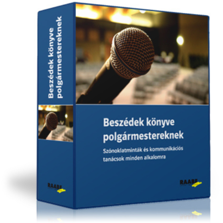 Beszédek könyve polgármestereknek termékkép, a kiadvány kék mappája látható a borítón egy mikrofonnal és a kiadvány nevével