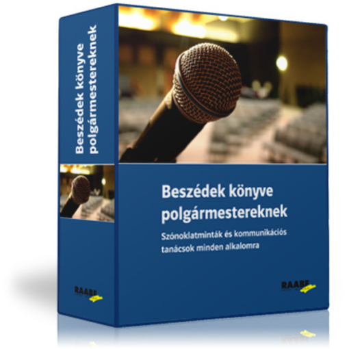 Beszédek könyve polgármestereknek termékkép, a kiadvány kék mappája látható a borítón egy mikrofonnal és a kiadvány nevével