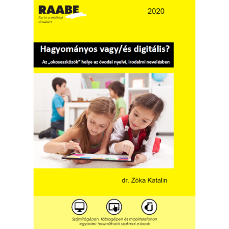 Hagyományos vagy/és digitális? termékkép a Raabe színeiben. A képen két gyerek hason fekve tabletezik