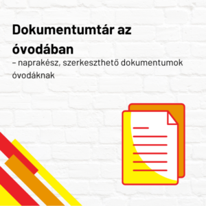 Dokumentumtár az óvodában termékkép. Egy dokumentum ikon látható a kép jobb oldalán, a bal alsó sarokban csíkokból álló dekoráció a Raabe színeiben