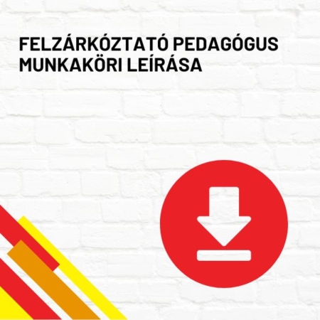 Felzárkóztató pedagógus munkaköri leírása termékkép a termék nevével feliratozva, a jobb oldalon egy piros letöltés ikonnal
