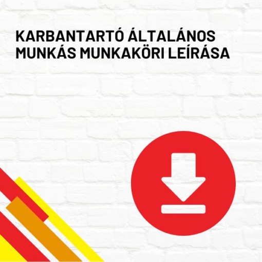 Karbantartó általános munkás munkaköri leírás termékkép a termék nevével feliratozva, a jobb oldalon egy piros letöltés ikonnal