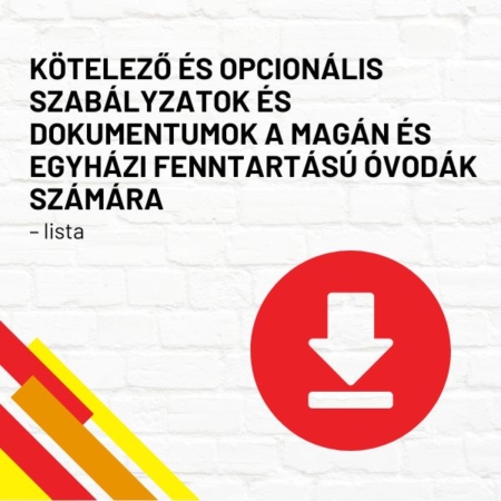 Kötelező és opcionális szabályzatok és dokumentumok a magán és egyházi fenntartású óvodák számára – lista termékkép a termék nevével feliratozva, a jobb oldalon egy piros letöltés ikonnal