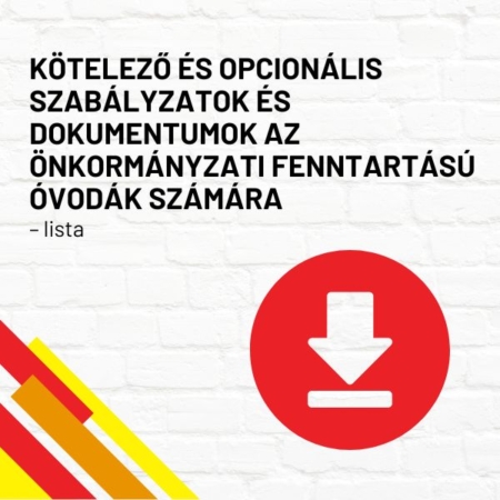 Kötelező és opcionális szabályzatok és dokumentumok az önkormányzati fenntartású óvodák számára – lista termékkép a termék nevével feliratozva, a jobb oldalon egy piros letöltés ikonnal
