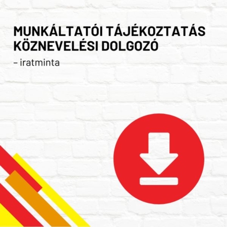 Munkáltatói tájékoztatás köznevelési dolgozó – Iratminta termékkép a termék nevével feliratozva, a jobb oldalon egy piros letöltés ikonnal