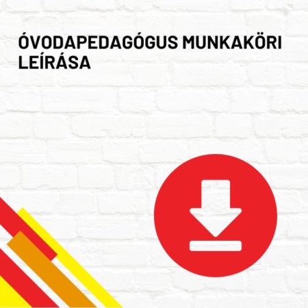 Óvodapedagógus munkaköri leírása termékkép a termék nevével feliratozva, a jobb oldalon egy piros letöltés ikonnal