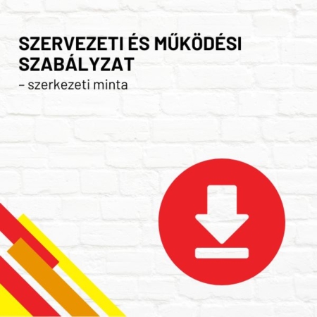 Szervezeti és működési szabályzat termékkép a termék nevével feliratozva, a jobb oldalon egy piros letöltés ikonnal