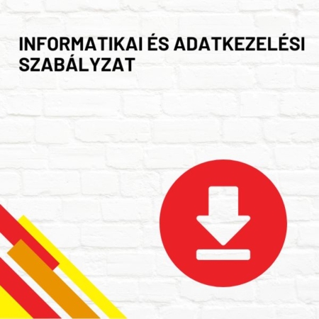 Informatikai és adatkezelési szabályzat termékkép a termék nevével feliratozva, a jobb oldalon egy piros letöltés ikonnal