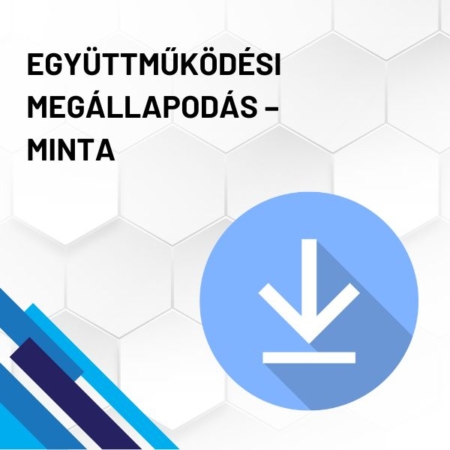 Együttműködési megállapodás minta termékkép. A képen a termék neve olvasható fehér méhkaptármintával a háttérben. Jobb oldalon egy kék letöltő ikont láthatunk.