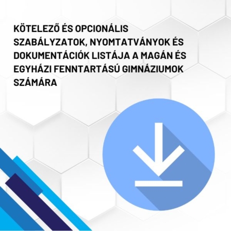 kötelező és opcionális szabályzatok magán és egyházi iskola termékkép. A képen a termék neve olvasható fehér méhkaptármintával a háttérben. Jobb oldalon egy kék letöltő ikont láthatunk.