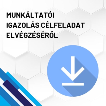 Munkáltatói igazolás célfeladat elvégzéséről termékkép. A képen a termék neve olvasható fehér méhkaptármintával a háttérben. Jobb oldalon egy kék letöltő ikont láthatunk.