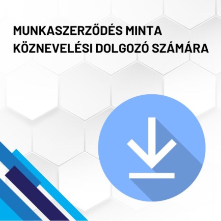 Munkaszerződés minta köznevelési dolgozó számára (iskola) termékkép. A képen a termék neve olvasható fehér méhkaptármintával a háttérben. Jobb oldalon egy kék letöltő ikont láthatunk.