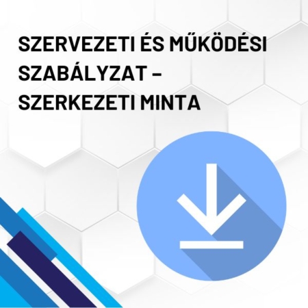 Szervezeti és működési szabályzat – szerkezeti minta (iskola) termékkép. A képen a termék neve olvasható fehér méhkaptármintával a háttérben. Jobb oldalon egy kék letöltő ikont láthatunk.