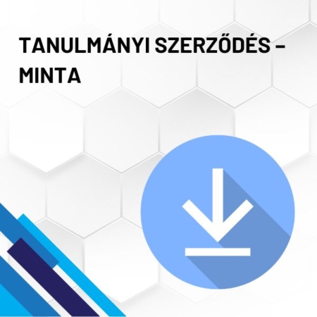 Tanulmányi szerződés - minta (iskola) termékkép. A képen a termék neve olvasható fehér méhkaptármintával a háttérben. Jobb oldalon egy kék letöltő ikont láthatunk.