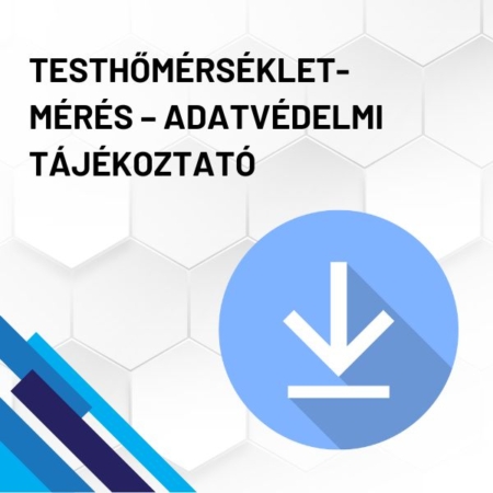 Testhőmérséklet-mérés - adatvédelmi tájékoztató termékkép. A képen a termék neve olvasható fehér méhkaptármintával a háttérben. Jobb oldalon egy kék letöltő ikont láthatunk.