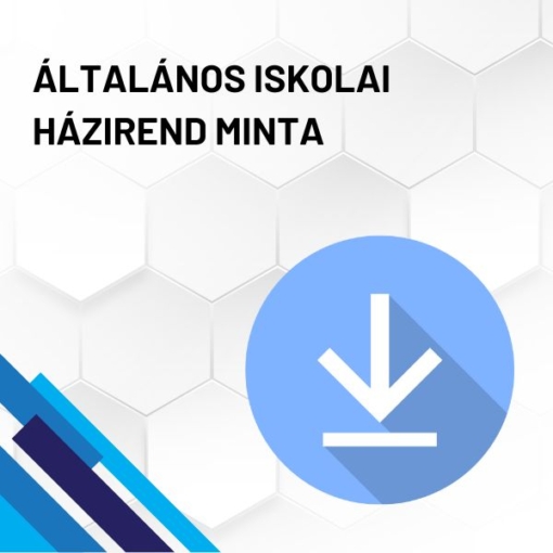Általános iskolai házirend minta termékkép. A képen a termék neve olvasható fehér méhkaptármintával a háttérben. Jobb oldalon egy kék letöltő ikont láthatunk.