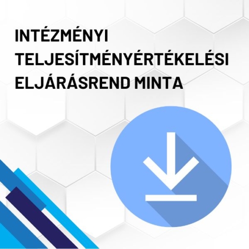 Intézményi teljesítményértékelési eljárásrend minta termékkép. A képen a termék neve olvasható fehér méhkaptármintával a háttérben. Jobb oldalon egy kék letöltő ikont láthatunk.