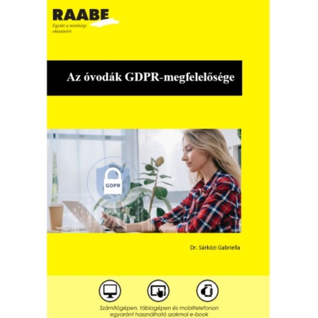 Az óvodák GDPR-megfelelősége termékkép a Raabe színeiben. A cím alatti képen egy fiatal nő kockás ingben laptopozik, a képen egy lakat ikon látható még, GDPR felirattal