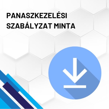 Panaszkezelési szabályzat minta (iskola) termékkép. A képen a termék neve olvasható fehér méhkaptármintával a háttérben. Jobb oldalon egy kék letöltő ikont láthatunk.