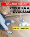 Robotika az óvodában - Általános módszertan. A képen egy kisgyermek ül a padlón, előtte egy robot kutya, a kisfiú fél kézzel egy mobiltelefon képernyőjén keresztül irányítja a robotot.