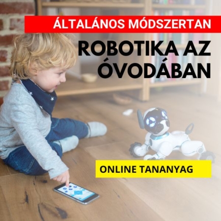 Robotika az óvodában - Általános módszertan. A képen egy kisgyermek ül a padlón, előtte egy robot kutya, a kisfiú fél kézzel egy mobiltelefon képernyőjén keresztül irányítja a robotot.
