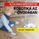 Robotika az óvodában - Általános módszertan. A képen egy kisgyermek ül a padlón, előtte egy robot kutya, a kisfiú fél kézzel egy mobiltelefon képernyőjén keresztül irányítja a robotot.