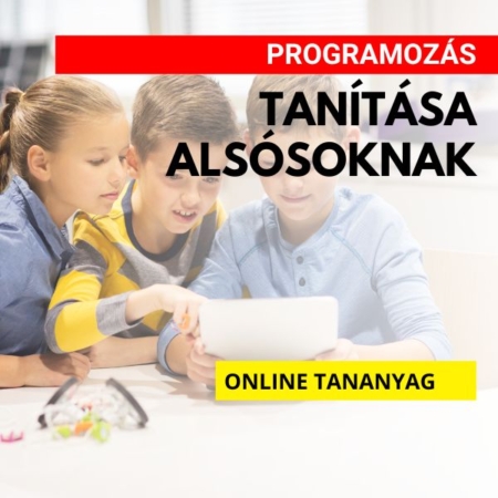 Programozás tanítása alsósoknak online tananyag. A kép hátterében három gyerek néz egy tabletet.
