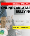 Iskolai zaklatás, online zaklatás, bullying kiemelt kép. A képen egy iskolás fiú a padon áll, kezében egy fél pár cipő. A padban egy másik gyerek ül, fél kézzel nyújtózik a cipője után. A történéseket egy kislány mosolyogva nézi