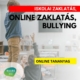 Iskolai zaklatás, online zaklatás, bullying kiemelt kép. A képen egy iskolás fiú a padon áll, kezében egy fél pár cipő. A padban egy másik gyerek ül, fél kézzel nyújtózik a cipője után. A történéseket egy kislány mosolyogva nézi