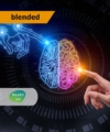 Fogjuk munkára a mesterséges intelligenciát az oktatásban! Egy mesterséges intelligenciát jelképező kép bal oldalán egy robot, jobb oldalon egy emberi kézzel. Középen egy világító körvonalakból álló agyat látunk, amelynek a bal félteke kék, a jobb pedig narancs és magenta színű. A képen feltüntettük a képzés típusát: blended