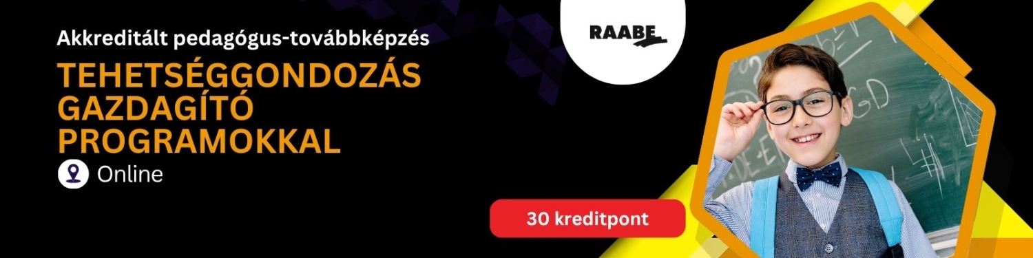 tehetséggondozás gazdagító programokkal bannerkép, amelyen egy szemüveges kisfiú fogja a szemüvegét egy tábla előtt. A képen feltüntettük hogy a képzés online zajlik és 30 kreditpontot ér