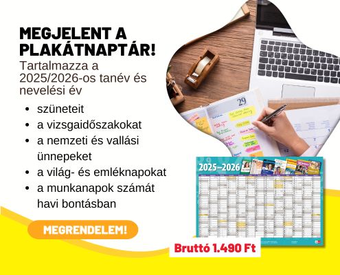 Promóciós kép a plakátnaptárhoz. A képen egy számítógép előtt egy női kéz jegyzetel egy naptárba.