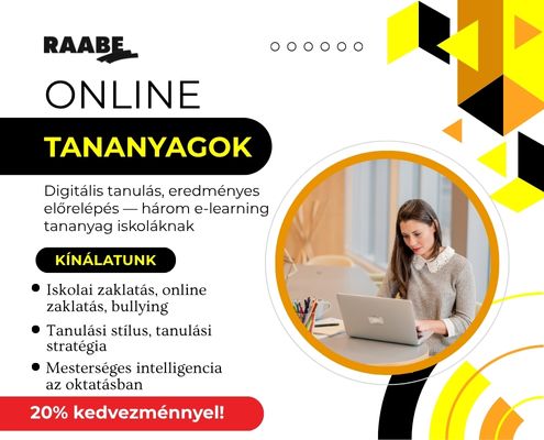 Online módszertani tananyagok pedagógusoknak kiemelt kép, amelyen egy laptop előtt ülő fiatal nő látszik. A bullying, mesterséges intelligencia és tanulásmódszertan témakörökből válogathat