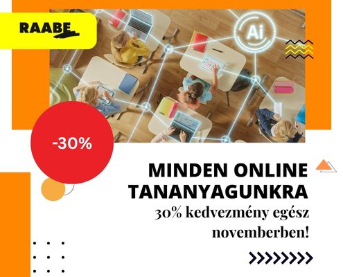 Minden online tananyagra 30% kedvezmény novemberben! Minden online tananyagra 30% kedvezmény novemberben! A képen kiemelten a mesterséges intelligenciához készült kép látszik. Felülről fotózva egy tanterem diákokkal, laptopokkal. AI kékesen világító logó egy körben.