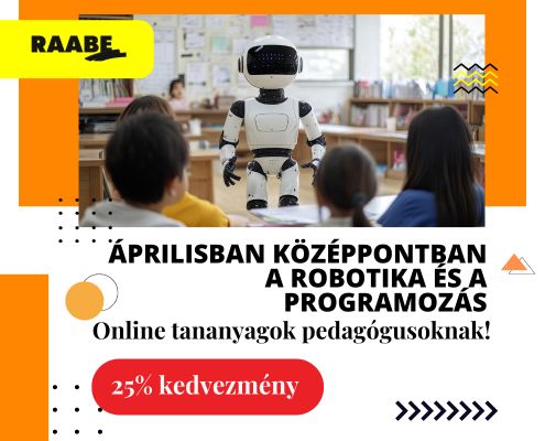 Áprilisban programozás és robotika online tananyagok 25% kedvezménnyel Áprilisban programozás és robotika online tananyagok 25% kedvezménnyel - a képen egy iskolai tanteremben egy kis robotot látunk. A gyerekek a háttérben halványan látszódnak